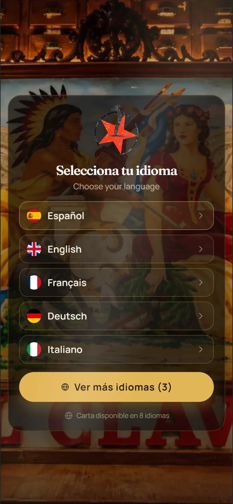 Landing del QR de Taberna El Clavo: el comensal elige idioma